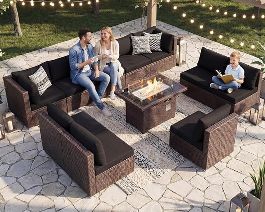 BULEXYARD 11 Piece High Back Wicker Patio Furniture Sets with Fire Pit, Luxury Extra Large Outdoor Seating Set, Comfortable Extra Wide Deep 10-Seater Sectional Couch Sofa for Outside, Brown & Black