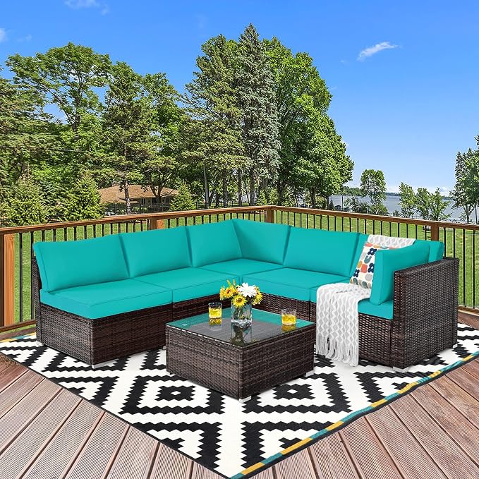 Tangkula 6 Pieces Patio Furniture Set, Outdoor Wicker Conversation Set with Glass Coffee Table, Wicker Sofa Set with Back & Seat Cushions, Rattan Sectional Conversation Set for Backyard Garden