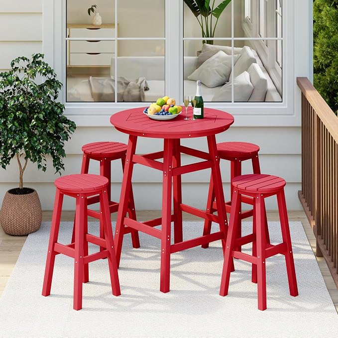 Costaelm Patio Bistro Table, 42" Counter Height Round Patio Cocktail Bar Table with Umbrella Hole, Outdoor Bistro Dining Pub Table for Front Porch Deck Backyard Garden, Red
