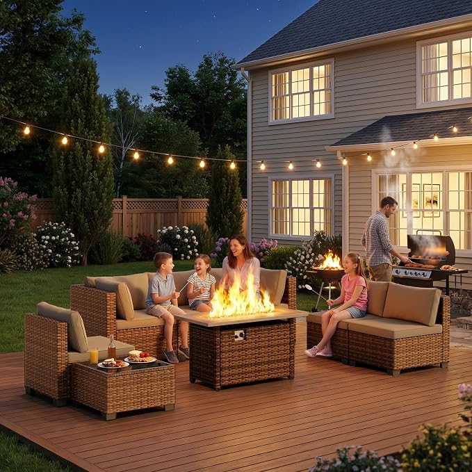 Ahomly 8 Piece Outdoor Patio Furniture Set with 44”Fire Pit Table, Outdoor Wicker Sectional Sofa Conversation Set with Cushions and Glass Coffee Table, for Backyard, Porch, Balcony, Grey