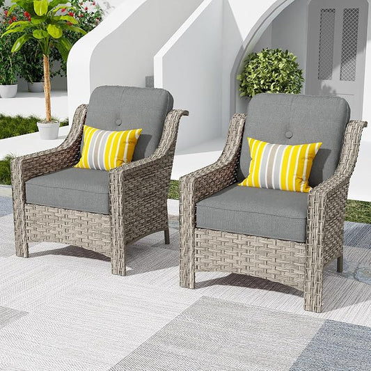 HOOOWOOO 2 Piece Patio Chairs Set,Outdoor Wicker Chairs,All Weather Resistant High Back Rattan Deck Chairs Matching Furniture(Dark Grey Gray)
