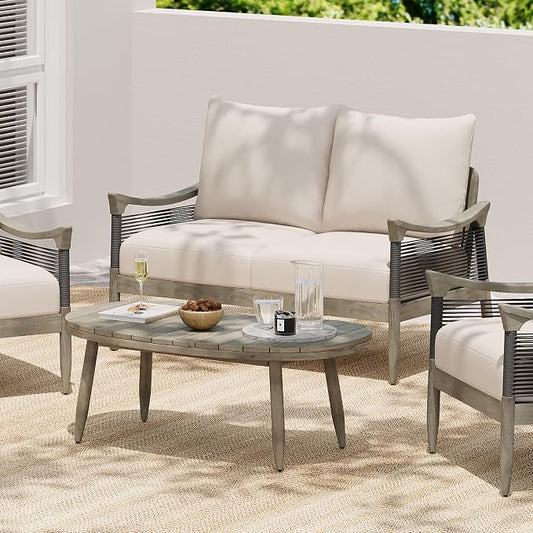 Christopher Knight Home Havets 2 Piece Patio Conversation Sets, Outdoor Acacia Wood Patio Seating Group,Woven Rope Loveseat with Cushions and Coffee Table for Porch Garden Backyard Balcony, Gray+Beige
