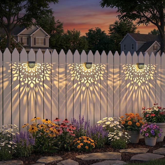 Solar Fence Lights 6 Pack Solar Deck Step Wall Lights Outdoor Waterproof LED Decorations Warm Yellow Light Decorative Lighting for Garden, Front Door, Backyard (Black 1)