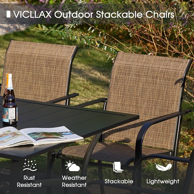 VICLLAX Patio Table and Chair Set of 6, All Weather Metal Round Outdoor Dining Furniture Set-50 Round Outdoor Table and Chairs, Walnut Wood Grain Tabletop