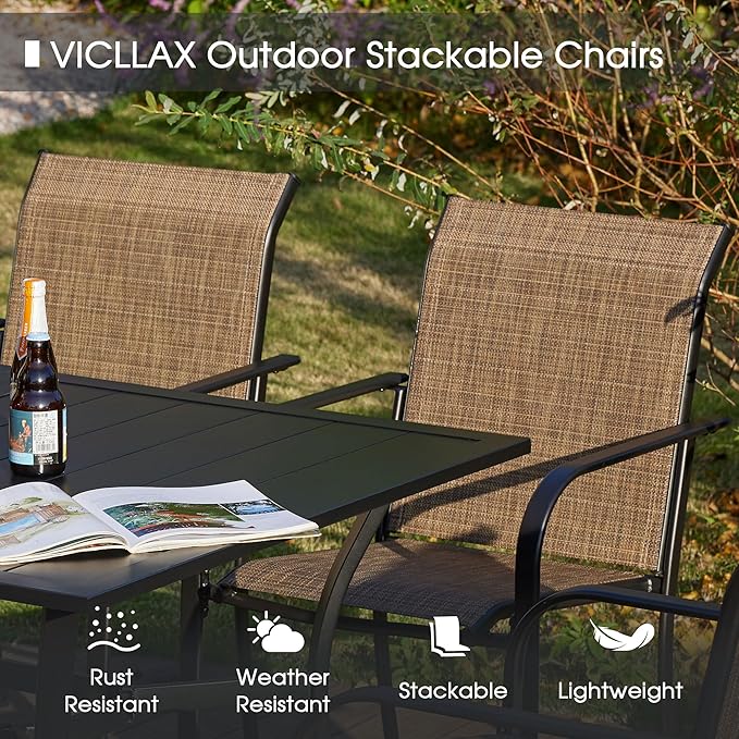 VICLLAX Patio Table and Chair Set of 8, All Weather Metal Round Outdoor Dining Furniture Set-53 Round Outdoor Table and Chairs, Black Tabletop