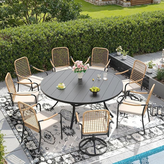DIFY 9 Pieces Outdoor Dining Set for 8, Patio Furniture Set of 8 Wicker Patio Chairs with Soft Cushions and 60" Black Round Metal Table with Umbrella Hole, for Backyard Garden Deck, Wheat Rattan