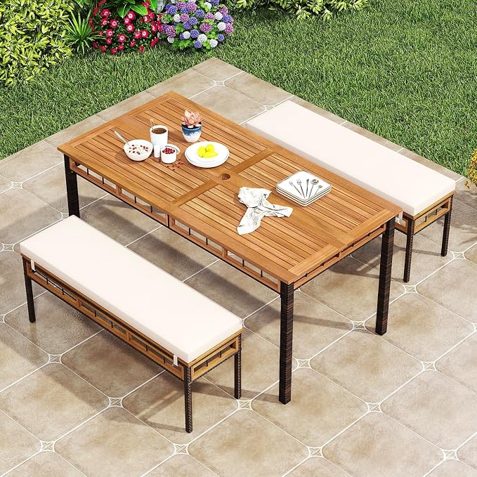 Tangkula 3 Pieces Wood Patio Dining Set, Outdoor PE Wicker Rectangular Acacia Wood Table and 2 Cushioned Benches with 1.97” Umbrella Hole, Outside Furniture Set for Deck, Garden and Backyard