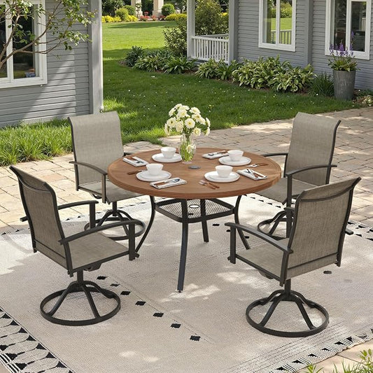 5 Pieces Round Patio Dining Set, Outdoor Furniture of 40.6" Round Patio Table and Patio Swivel Chairs for Backyard Lawn Garden, Walnut Table and Mixed Brown Chairs