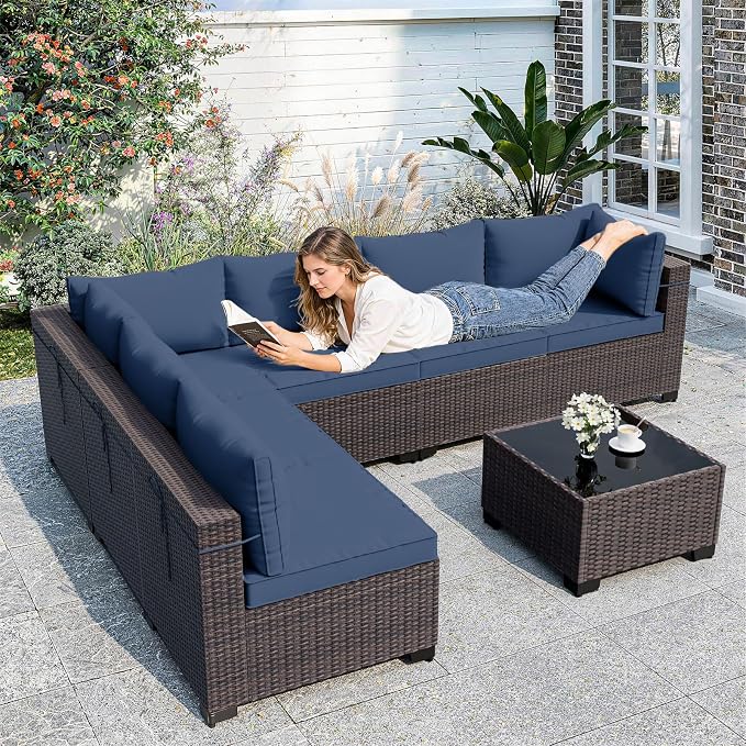 ALAULM Patio Furniture Set with Coffee Table, 7 Pieces Outdoor Sectional with Wide Seat and Thick Cushion, All Weather Wicker Rattan Conversation Set for Backyard, Garden, Deck, NavyBlue