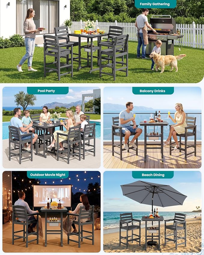 SERWALL Adirondack Bar Chairs and Table 8 Pieces Set, HDPE Bar Height Chairs Set of 2 and Bar Table with Ice Bucket, Outdoor Bar Stools Set for Dining, Balcony, Poolside, Backyard, Grey
