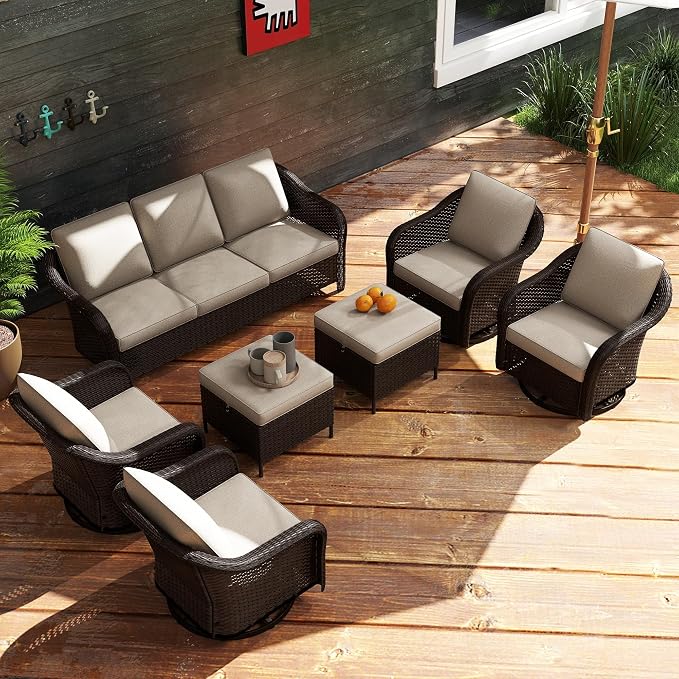 7 Piece Patio Wicker Conversation Set, All-Weather Use Outdoor Wicker Sofa with 4 PE Rattan Ottomans,4 Swivel Chair, Ideal for Porch, Backyard, Balcony, Poolside, Beige