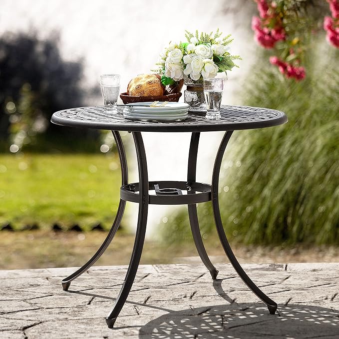NUU GARDEN 35" Round Patio Bistro Table, Cast Aluminum Round Outdoor Bistro Table with Umbrella Hole for Poolside, Deck, Porch, Backyard, Balcony, Black with Antique Bronze Edge