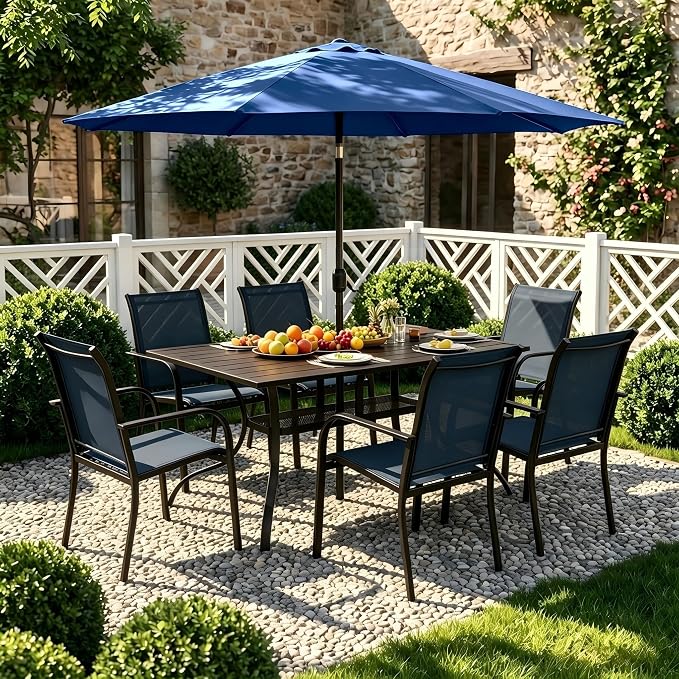 Crownland 7 Piece Patio Dining Set, Textilene Dining Sets, 6 Textilene Metal Chairs and Rectangular Outdoor Dining Table with Dark Blue 9FT Round Outdoor Umbrella (Blue)