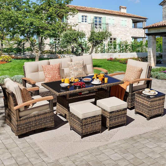 MEISSALIVVE 7 Pieces Patio Furniture Sets, PE Wicker Outdoor Conversation Sets with 2 Wood Armrests Swivel Rocker Chairs, 2 Ottomans,3-seat Sofa and Dining Table (Beige)