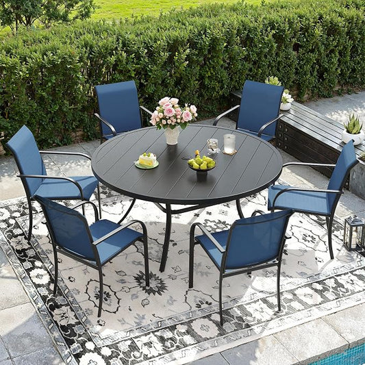 DIFY Patio Dining Set for 6, 7 Piece Outdoor Table and Chairs Set, 50" Black Round Metal Patio Dining Table and 6 Blue Textilene Stackable Patio Chairs, for Backyard Garden Poolside