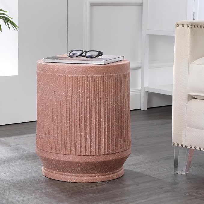 JONATHAN Y Kline Ribbed Resin Modern Outdoor Accent Table, 17.5" H All-Weather Pink Terrazzo Patio Drum Side Table and Garden Stool for Pool, Porch, and Living Room TBL1103B