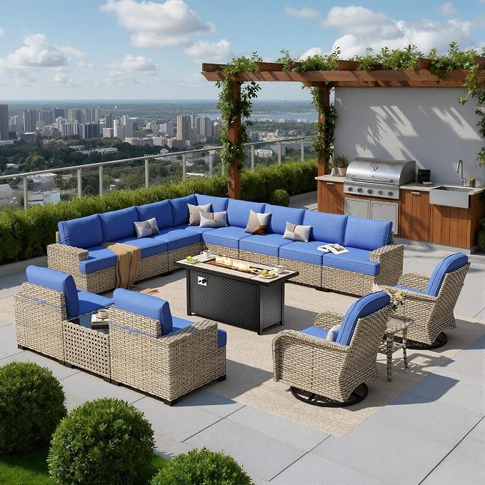 HOOOWOOO Sectional Patio Furniture Set with Fire Pit Table,15 Pieces Wicker Outdoor Furniture L Shaped Couch,Outside Conversation Set Extra Deep Seat Sofa Wide Arm Swivel Chairs Solar Light,Navy Blue