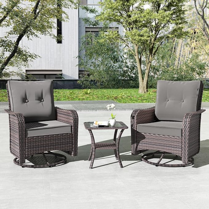 Kullavik 5 Pieces Outdoor Swivel Chairs Set,Patio Wicker Rocker Chairs with 4" Thick Cushions,Side Table and Ottomans,Patio Conversation Furniture Set for Patio Porch Deck Backyard,Grey