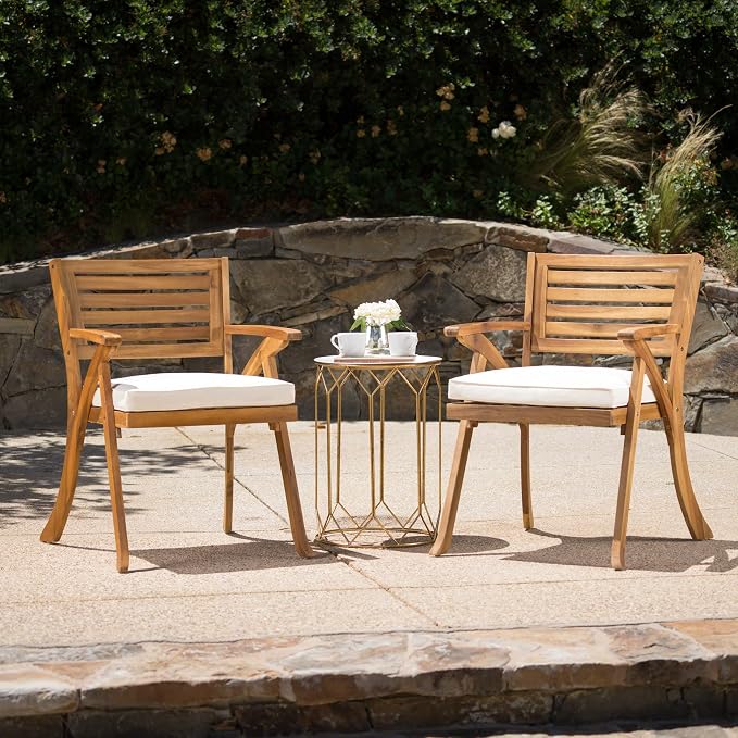 Merax Outdoor Dining Chairs Set of 2, Acacia Wood Chair with Armrests and Cushons, Patio Chair for Porch Deck Garden Lawn Backyard Poolside, Teak Finish, Bear 400LBS
