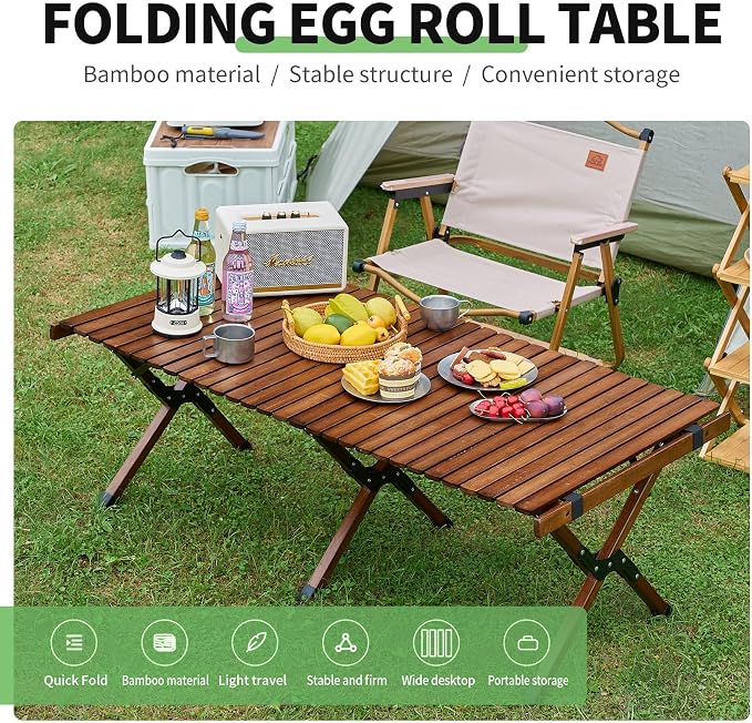 UNICOO –Bamboo Roll Up Picnic Table, Portable Camping Table W/Carry Bag, Low Height Foldable BBQ Top for Indoor & Outdoor Party, BBQ and Hiking (Antique Brown, 4 FT)