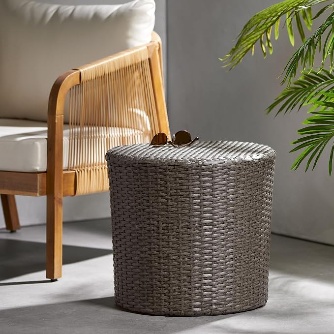 Rattan Side Table Round Small Coffee Table French Country Rustic Wicker Side Table End Table for Indoor Outdoor Patio Living Room Light Grey