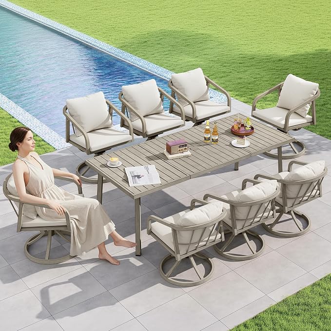 63"x35" Never-Rust Aluminum Outdoor Dining Table – Rectangular Patio Table for 6 with Umbrella Hole, Heavy Duty All-Weather for Poolside, Garden, Backyard, Porch, Deck, Gray Oak