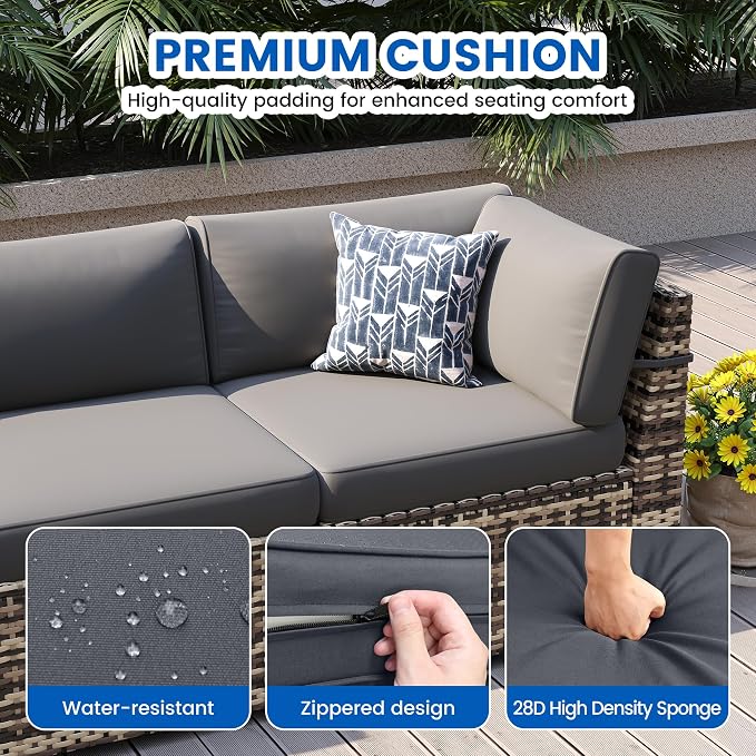 8 Pieces Outdoor Patio Furniture Set with 44" Fire Pit Table Yellow Rattan Sectional Conversation Sets w/Gas Fire Pit, Coffee Table, 1 Waterproof Covers, Dark Grey
