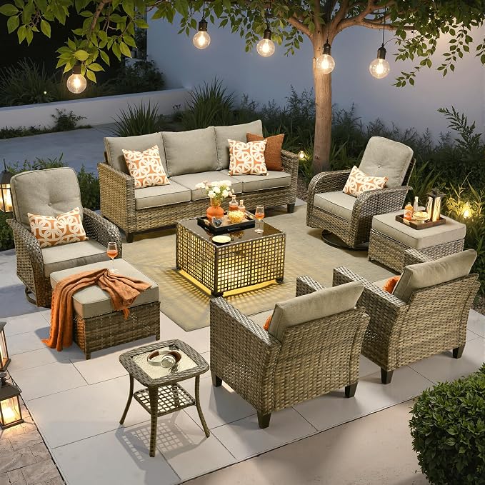 ovios 9 Pieces Patio Furniture Set, Outdoor Wicker Sofa Couch with Swivel Glider Chairs Solar Lights Table, Modern Deep Seat Rattan Conversation Sets for Deck Porch, Dark Grey