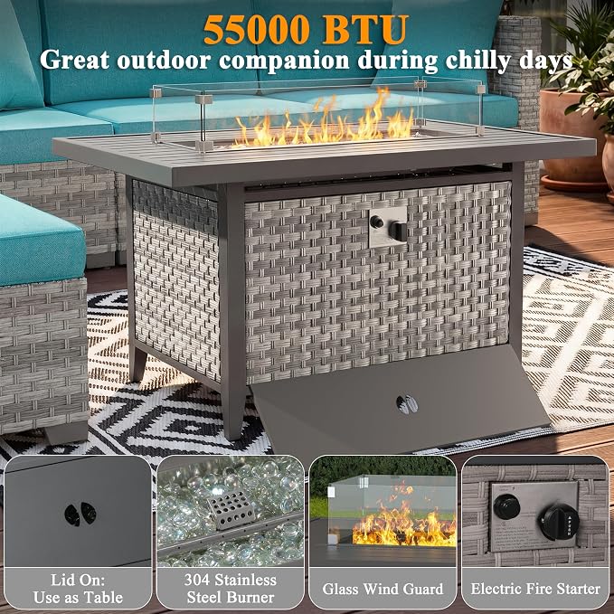 13 Piece Wicker Patio Furniture Set with 55,000 BTU Fire Pit Table, Swivel Rocking Chairs, 4''Cushions, PE Rattan, Wind Guard Glass, for Backyard, Deck or Balcony, Blue