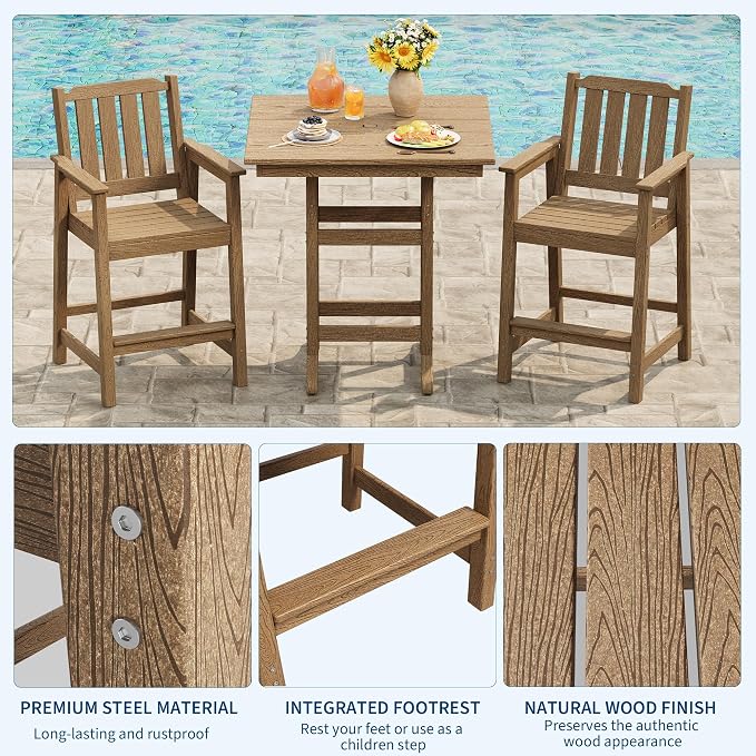 GarveeLife Outdoor Counter Height Bar Dining Table, HDPE Wood Grain Tall Bar Table – 39.6" High Square Pub Table, Cocktail Bistro Table Fits, for Patio, Garden, Poolside, Balcony & Yard (Brown)