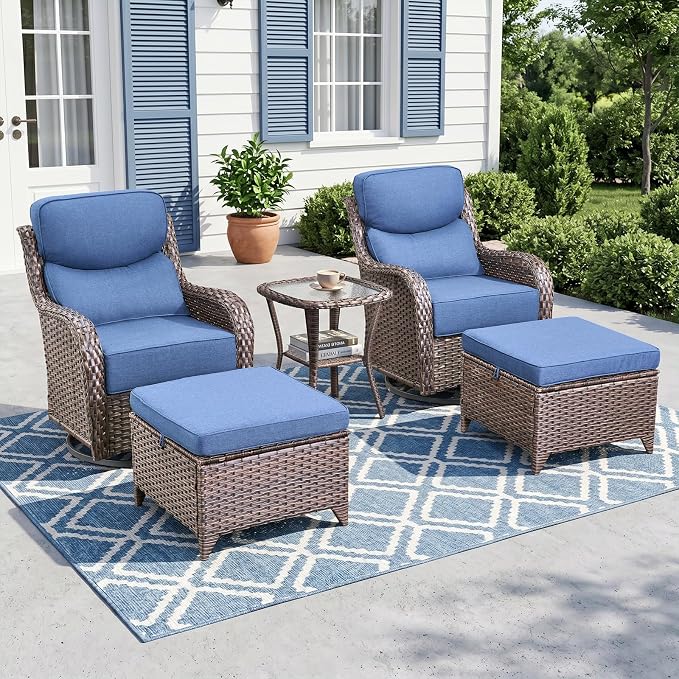 Luxury High Back Outdoor Swivel Rocker Patio Chairs with Side Table & 6-Inch Thick Cushions, 2 Pieces Patio Furniture Set for Porch, Balcony, Deck and Yard