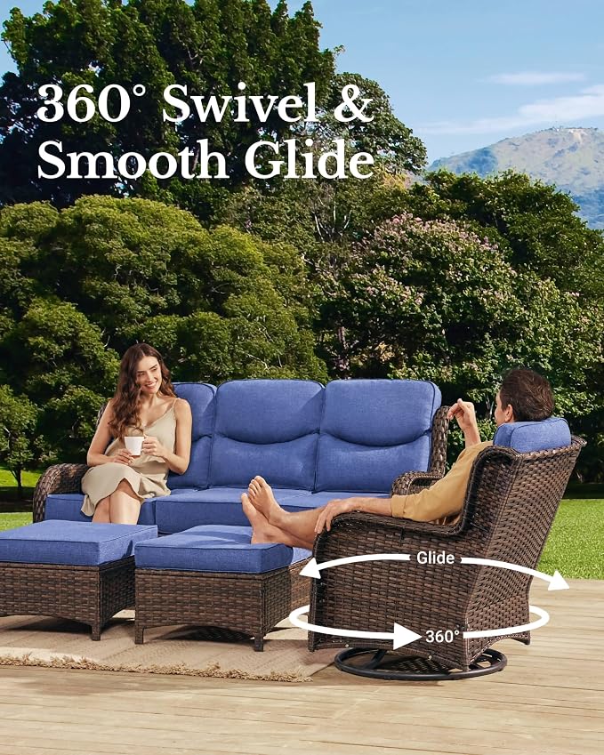 HILLGA Luxury Outdoor Patio Furniture Set with 6-Inch Thick Cushions, High Back Wicker Swivel Rocker Chairs, 5 Pcs All Weather Conversation Set for Large Deck, Yard and Poolside, Blue (V3)