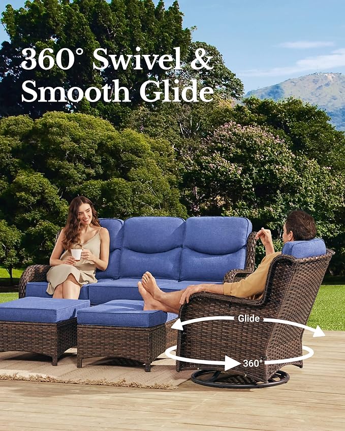 HILLGA Luxury Outdoor Patio Furniture Set with 6-Inch Thick Cushions, High Back Wicker Swivel Rocker Chairs, 6Pcs All Weather Sofa Set for Large Deck, Yard and Poolside, Blue (V3)