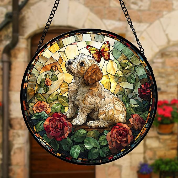 DASTOLL Stained Glass Window Hanging, Cute Dog and Flowers Suncatcher for Doors Home Butterfly Sun Catchers Decoration and Christmas, Mother's Day Birthday Gifts for Women, Men, and Mom 9.8 in
