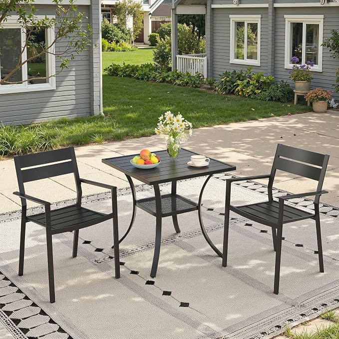 Small Patio Dining Set for 2, 27.5" Square Outdoor Dining Table and Chairs Set with Stackable Patio Chairs Outdoor Furniture for Garden Deck Backyard, Black Table and Black Chairs
