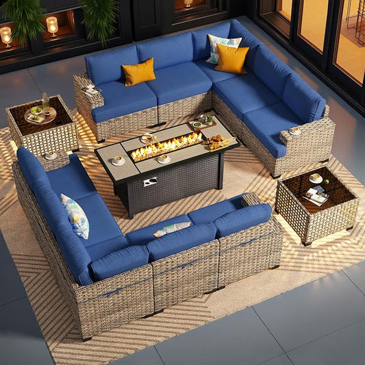 CAODOC Outdoor Sectional Patio Furniture Set with Fire Pit Table,13 Pieces Wicker Conversation Sets L Shaped Couch,Extra Deep Out Door Sofa Outside Furniture, Blue