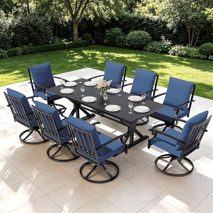 9 Pieces Outdoor Patio Dining Set,Patio Table and Chairs Metal Outdoor Patio Furniture Set with Umbrella Hole,Dining Table Set with 8 Swivel Chairs for Deck,Backyard and Garden,Navy Blue