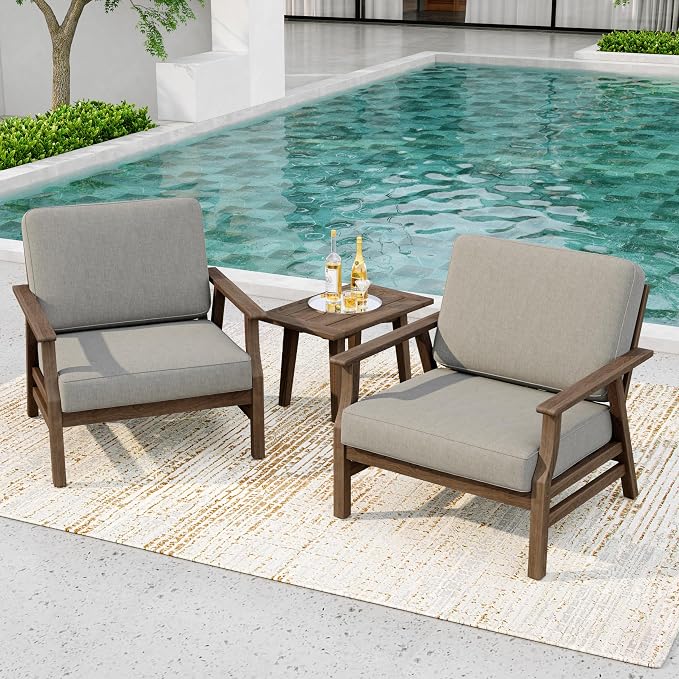 3 Piece Wood Patio Chair Outdoor Bistro Set, Outdoor Armchair All Weather Patio Sofa Furniture Backyard Conversation Sets with Wooden Side Table, Light Camel