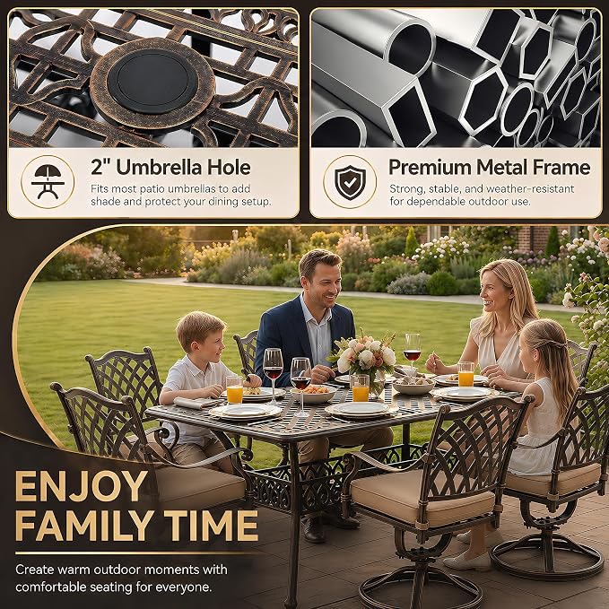 7 Piece Outdoor Dining Set Cast Aluminum, Retro Patio Dining Set for 6 Includes 59” Rectangular Table 6 Swivel Chairs with Thicker Cushions and Umbrella Hole for Patio Deck Garden