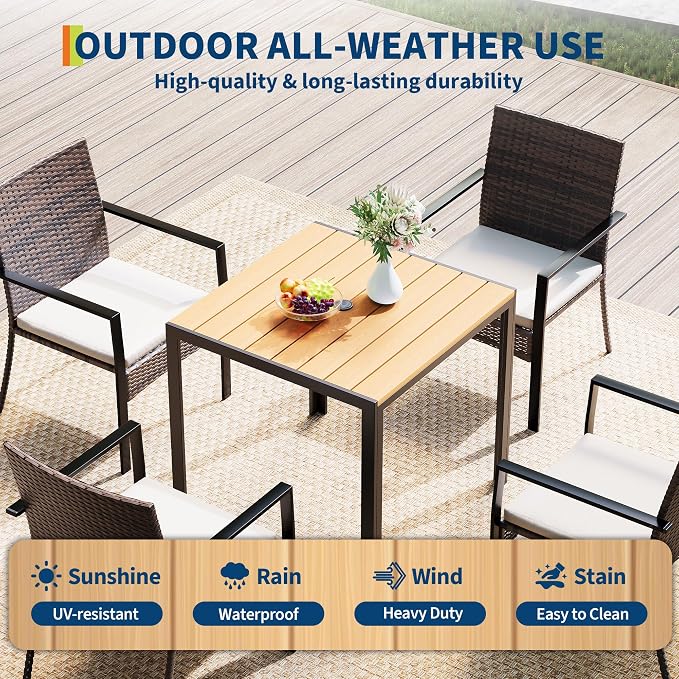 5 Piece Patio Dining Set, Wicker Outdoor Table and Chairs with Umbrella Hole ＆ Soft Cushion, Patio Furniture Set for Backyard, Garden, Poolside, Deck - Balck＆White