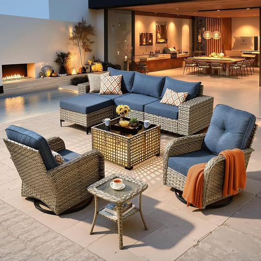 ovios 8-Piece Patio Furniture Set with L-Shape Sofa Chaise, Outdoor Sectional Couch Swivel Gliders Solar Table, Modern Modular Wicker Rattan Conversation Set, Denim Blue