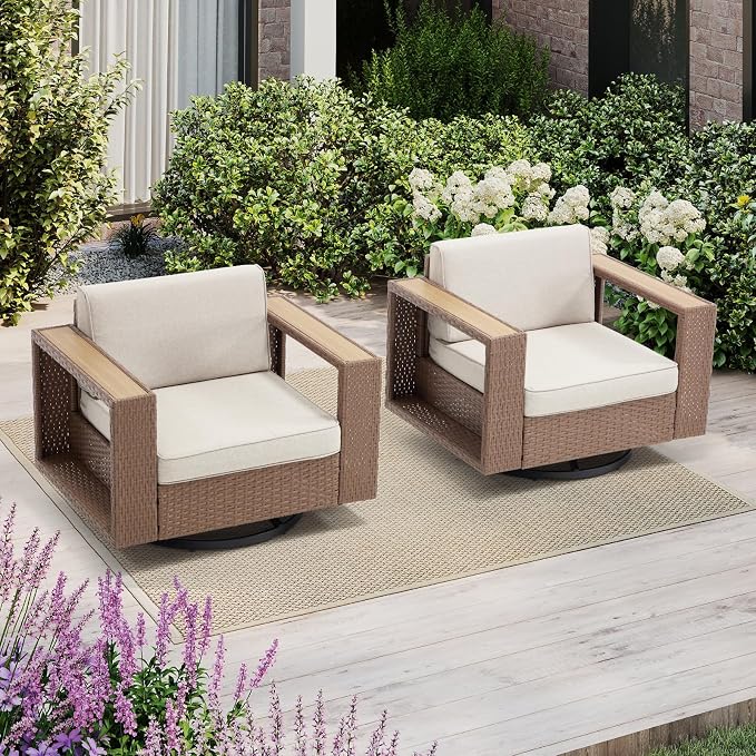 Bonzy Home Wicker Patio Chairs Set of 2, 360° Swivel Rattan Outdoor Accent Chairs with Extra-Thick Soft Cushions and Widened Armrest, Patio Conversation Sets for Porch, Garden Poolside Balcony
