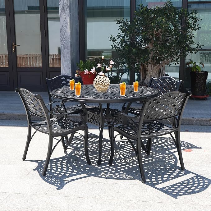 48 Inch Outdoor Dining Table Round Patio Bistro Table Powder-Coated Cast Aluminum Frame Patio Dining Table Garden Table with Umbrella Hole (Black)