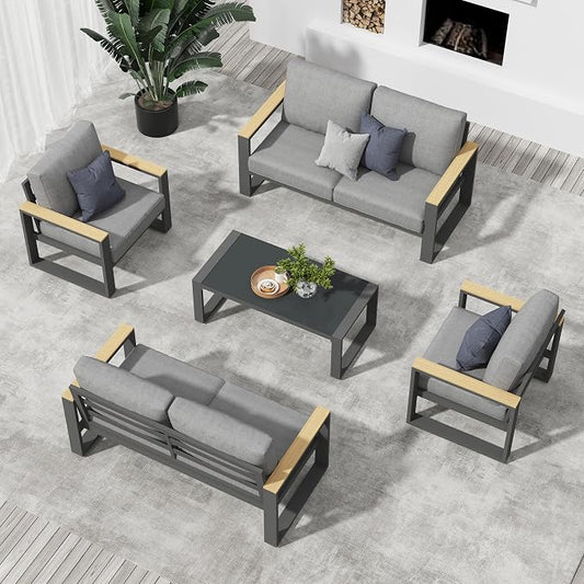 Aluminum Outdoor Patio Furniture Set with Height-adjustable Footrest for Lawn Porches Patio, 6-Seats All-weather Patio Sofa Sets with Coffee Table, Modern Outdoor Patio Conversation set, Grey
