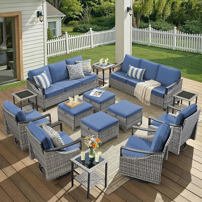 14 Piece Outdoor Patio Furniture Sets-High Back Wicker Swivel Rocker Patio Chairs Set of 4 with Thick Cushions Ottomans, Outdoor Sofa, Patio Conversation Sets for Porch Balcony Patio Deck Grey/Blue