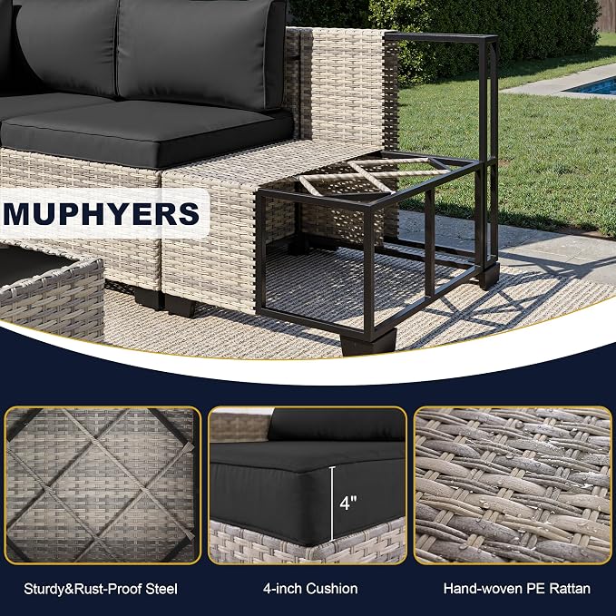 11-Piece Outdoor Patio Furniture Set with Rocking Swivel Chair, Wicker Rattan Sectional Sofa Conversation Set with 55,000 BTU Fire Pit Table, Backyard Furniture, Dark Grey
