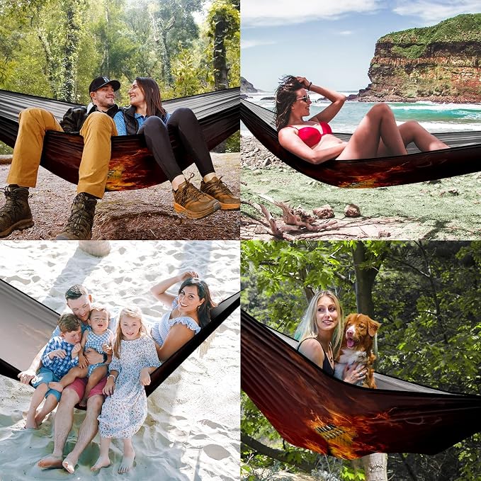 Outdoor Camping Hammock Electric Guitar in Flames Burning Fire Double & Single Hammocks with 2 Tree Straps Portable Heavy Duty Nylon Hammocks for Backpacking, Travel, Beach, Backyard, Patio, Hiking