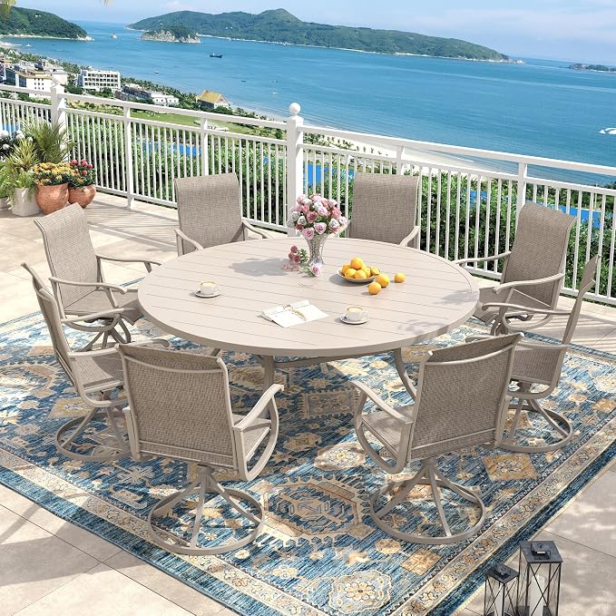 Outdoor Dining Set for 8, 63" Metal Round Outdoor Dining Table with Umbrella Hole and Sling Patio Swivel Chairs, 9 Pieces Patio Table and Chairs Set for Garden Backyard, Sandshell