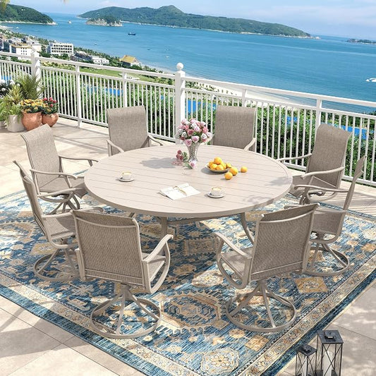 Outdoor Dining Set for 8, 63" Metal Round Outdoor Dining Table with Umbrella Hole and Sling Patio Swivel Chairs, 9 Pieces Patio Table and Chairs Set for Garden Backyard, Sandshell