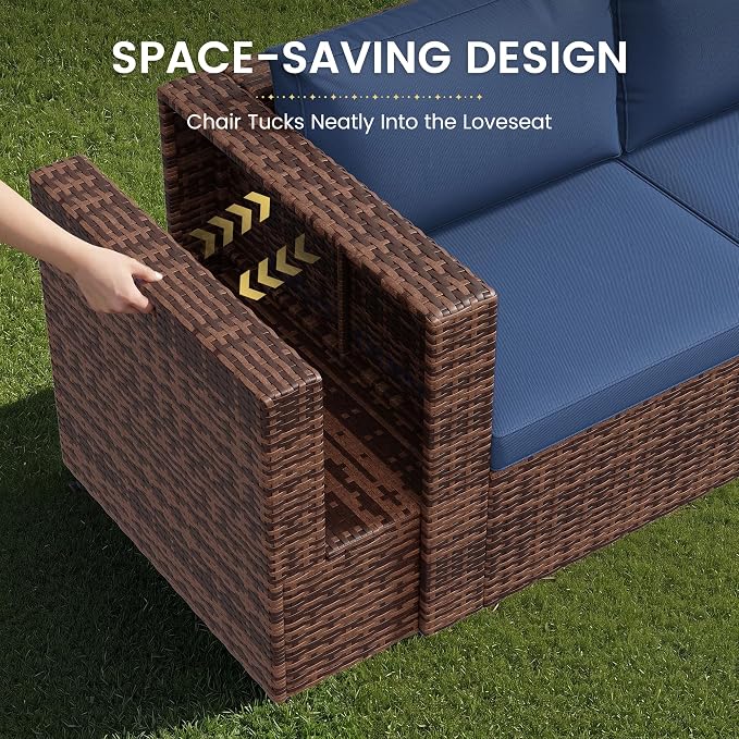 Amopatio Patio Furniture Set, Space-Saving Nestable All-Weather Wicker Outdoor Conversation Sofa Set with Glass Coffee Table, Cushions & Ottomans for Deck Backyard Porch Lawn Navy Blue